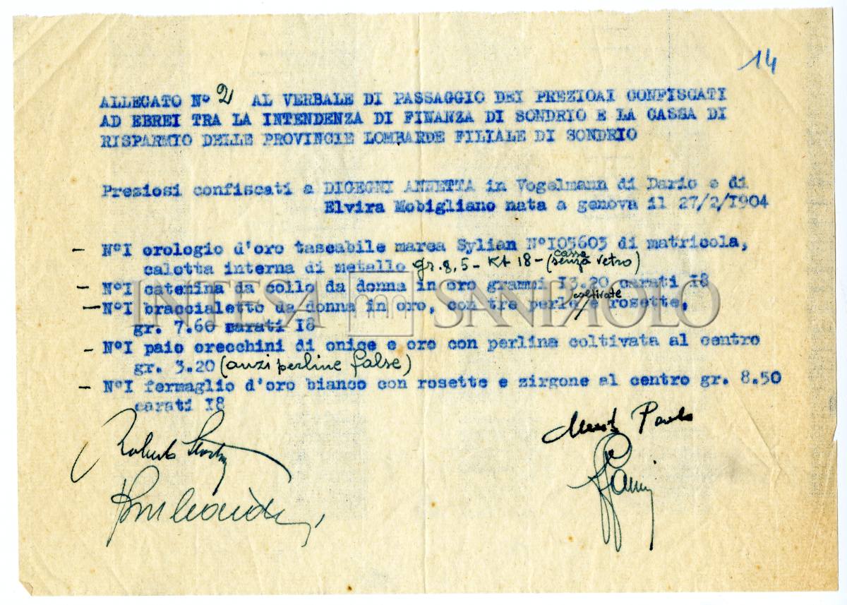 Allegato al verbale di passaggio dei preziosi confiscati a Anna Disegni dall'Intendenza di finanza di Sondrio al Credito fondiario, 1944